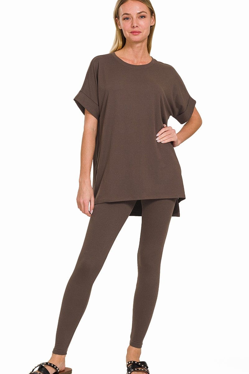 Zenana Brushed Microfiber Short Sleeve Round Neck Top and Leggings Loungewear Set