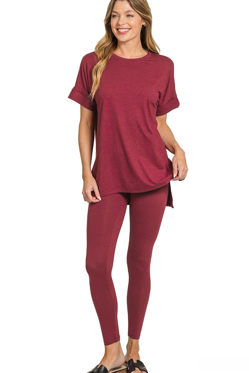 Zenana Brushed Microfiber Short Sleeve Round Neck Top and Leggings Loungewear Set