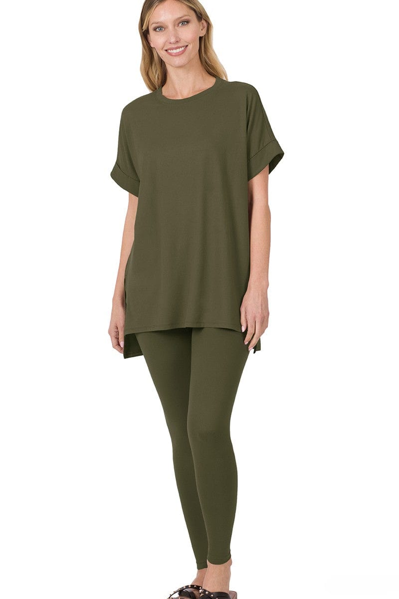 Zenana Brushed Microfiber Short Sleeve Round Neck Top and Leggings Loungewear Set