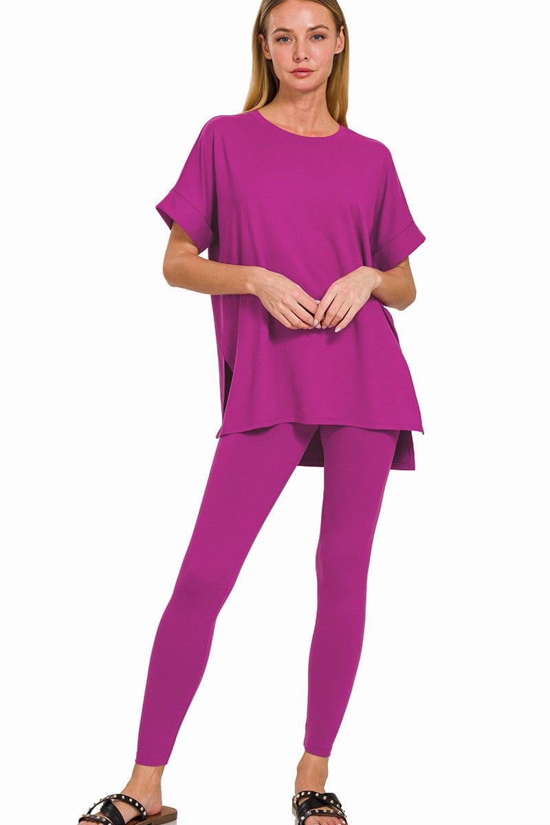 Zenana Brushed Microfiber Short Sleeve Round Neck Top and Leggings Loungewear Set
