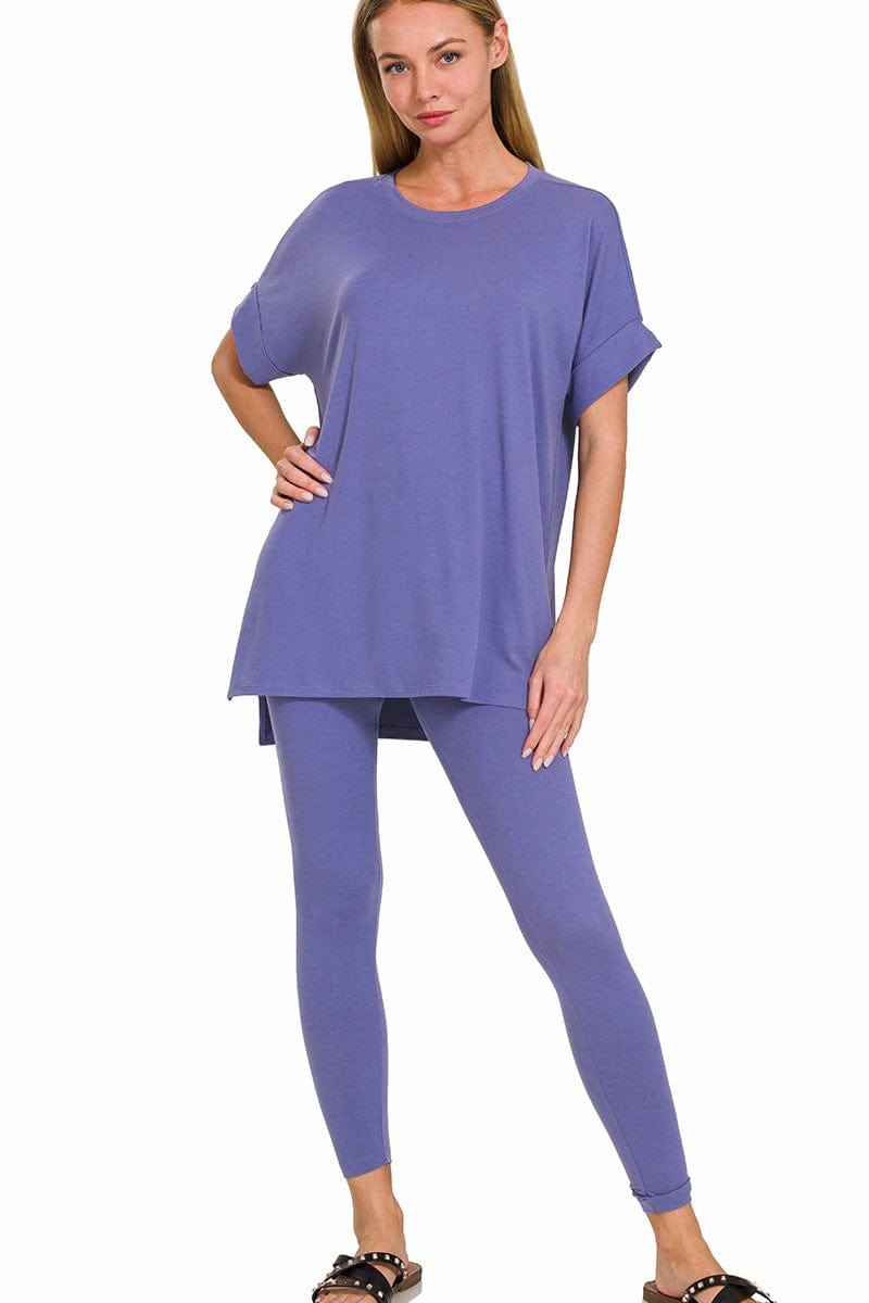 Zenana Brushed Microfiber Short Sleeve Round Neck Top and Leggings Loungewear Set