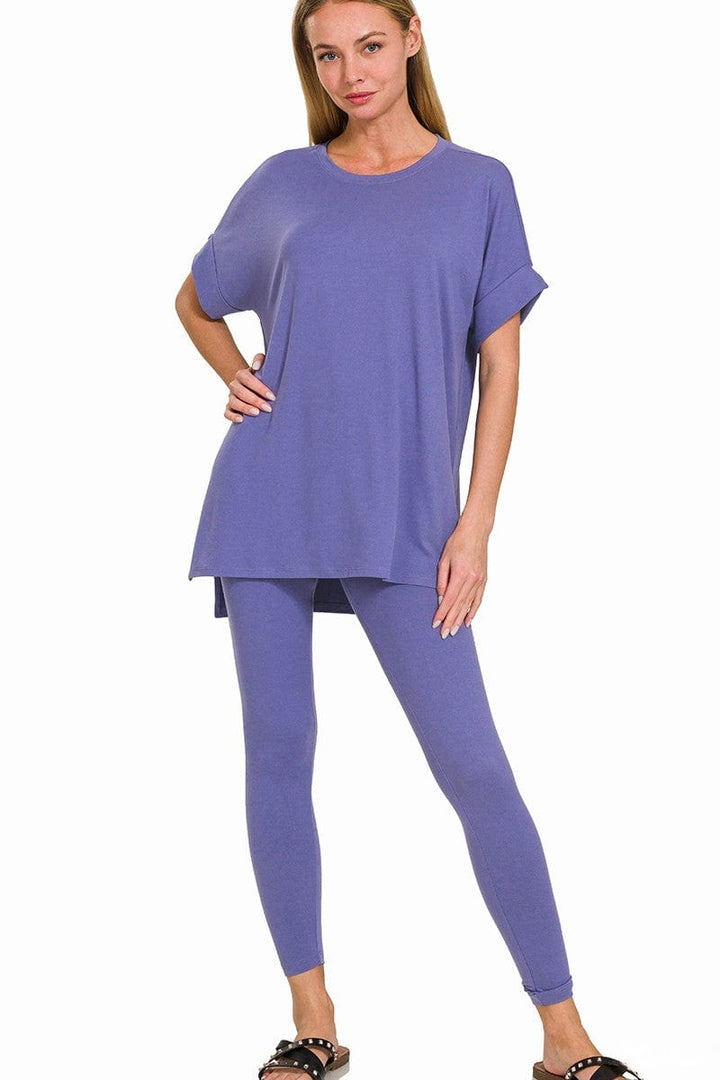 Zenana Brushed Microfiber Short Sleeve Round Neck Top and Leggings Loungewear Set