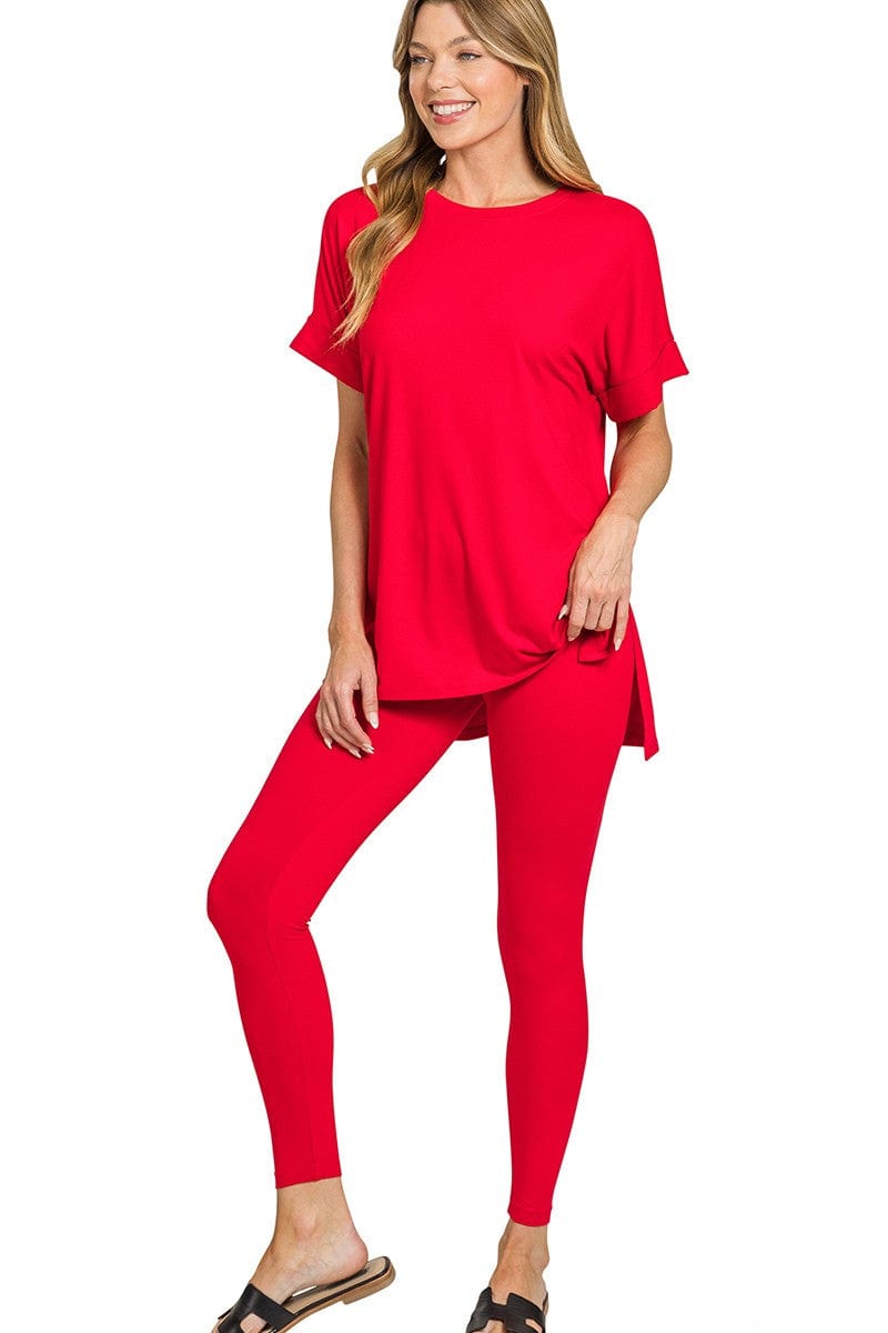 Zenana Brushed Microfiber Short Sleeve Round Neck Top and Leggings Loungewear Set