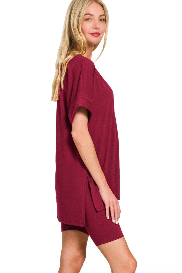 Zenana Brushed Microfiber V-Neck Top & Biker Shorts