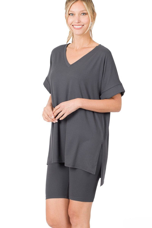 Zenana Brushed Microfiber V-Neck Top & Biker Shorts