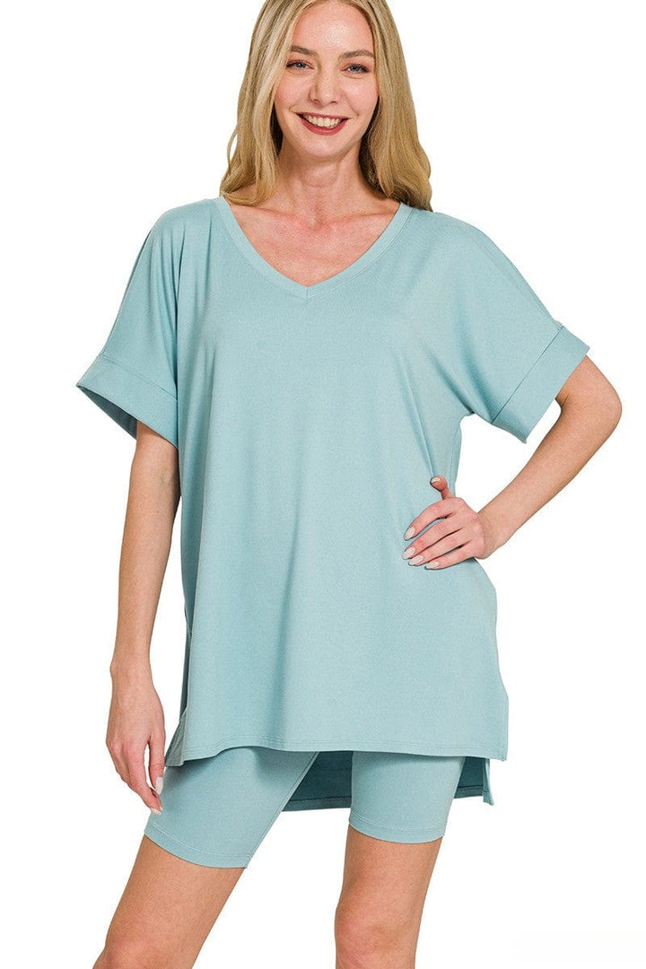 Zenana Brushed Microfiber V-Neck Top & Biker Shorts