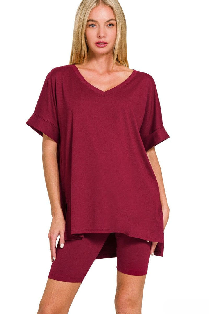 Zenana Brushed Microfiber V-Neck Top & Biker Shorts