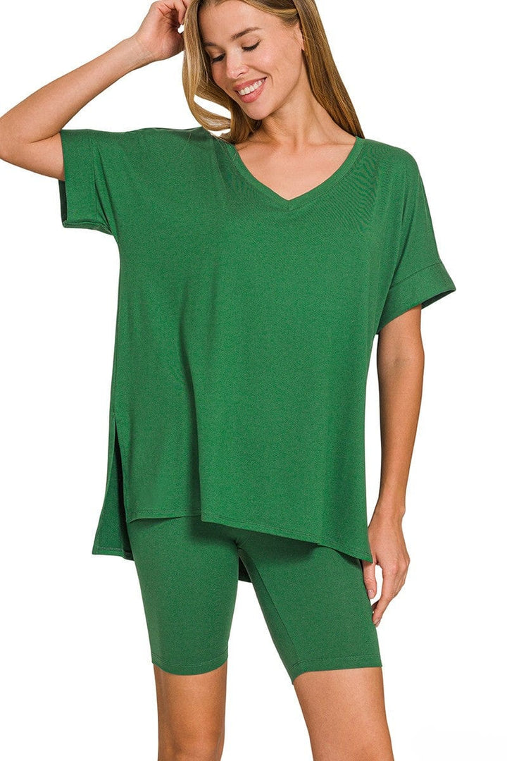 Zenana Brushed Microfiber V-Neck Top & Biker Shorts