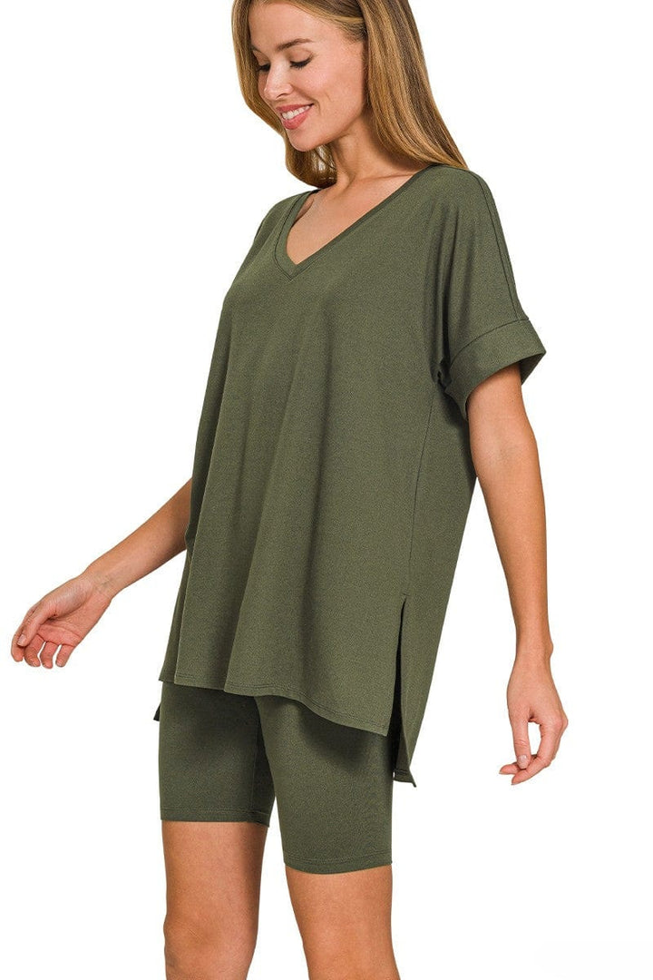 Zenana Brushed Microfiber V-Neck Top & Biker Shorts