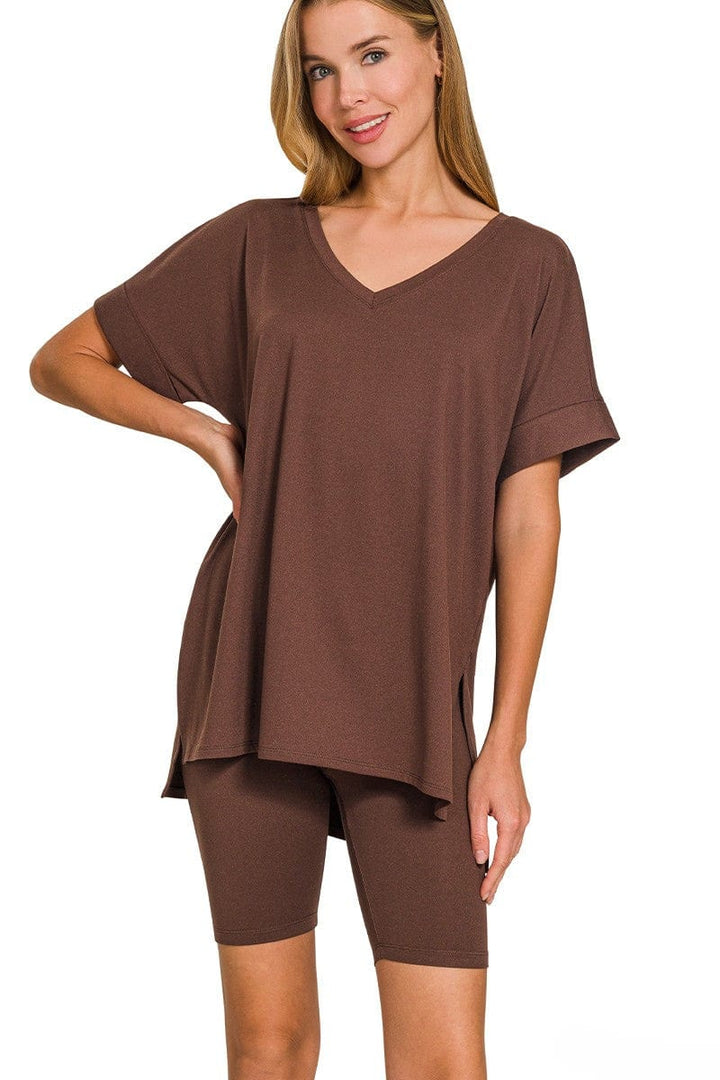 Zenana Brushed Microfiber V-Neck Top & Biker Shorts
