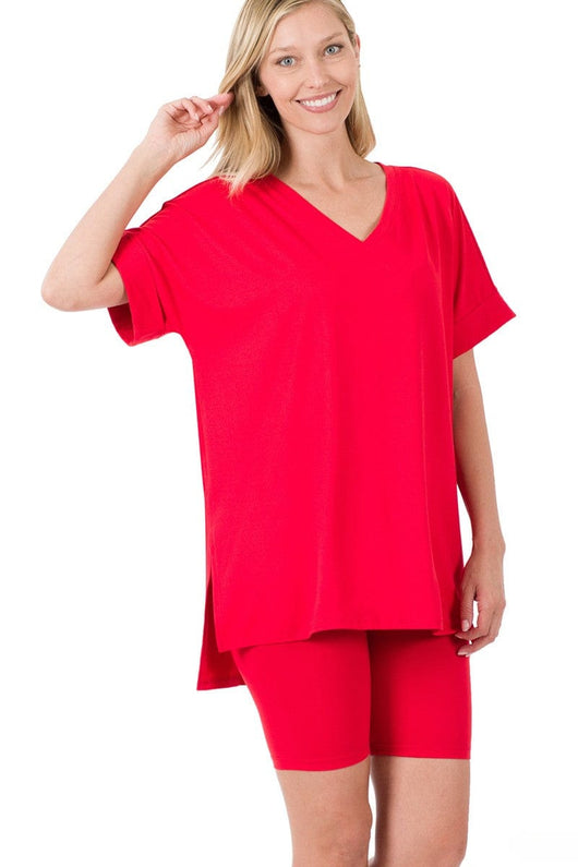 Zenana Brushed Microfiber V-Neck Top & Biker Shorts