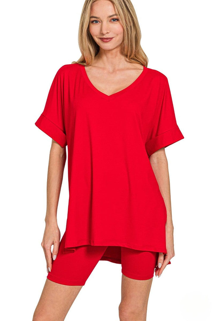 Zenana Brushed Microfiber V-Neck Top & Biker Shorts