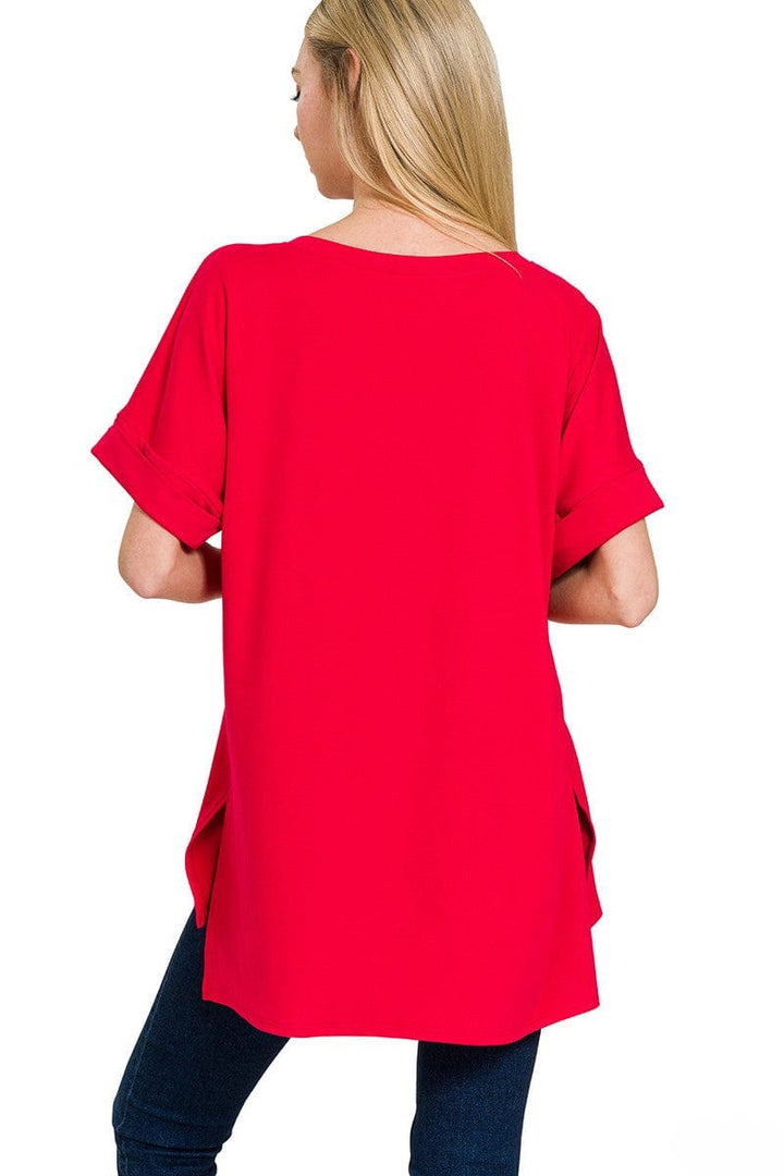 Zenana Brushed Rolled Short Sleeve V-Neck Top with Side Slits and High-Low Hemline