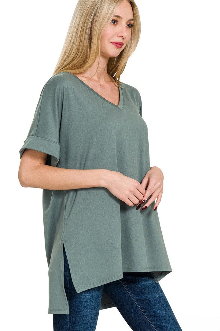 Zenana Brushed Rolled Short Sleeve V-Neck Top with Side Slits and High-Low Hemline