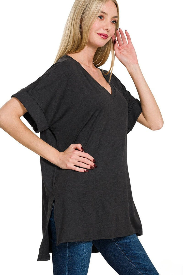 Zenana Brushed Rolled Short Sleeve V-Neck Top with Side Slits and High-Low Hemline