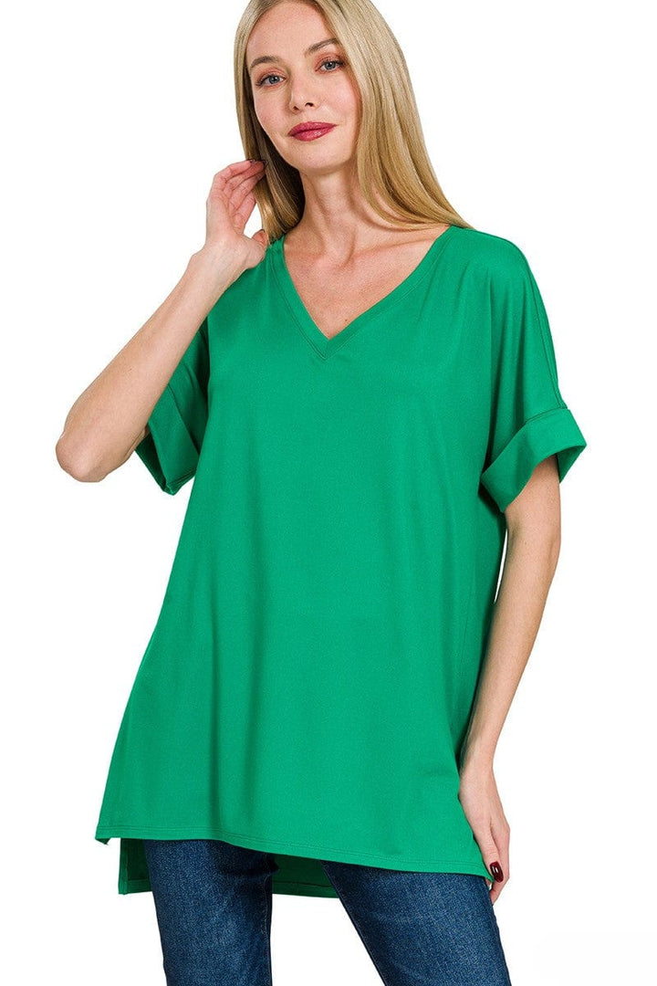 Zenana Brushed Rolled Short Sleeve V-Neck Top with Side Slits and High-Low Hemline