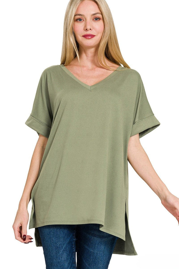 Zenana Brushed Rolled Short Sleeve V-Neck Top with Side Slits and High-Low Hemline