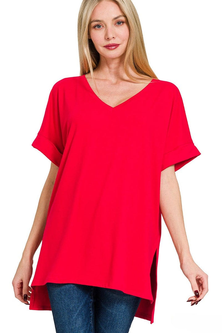 Zenana Brushed Rolled Short Sleeve V-Neck Top with Side Slits and High-Low Hemline