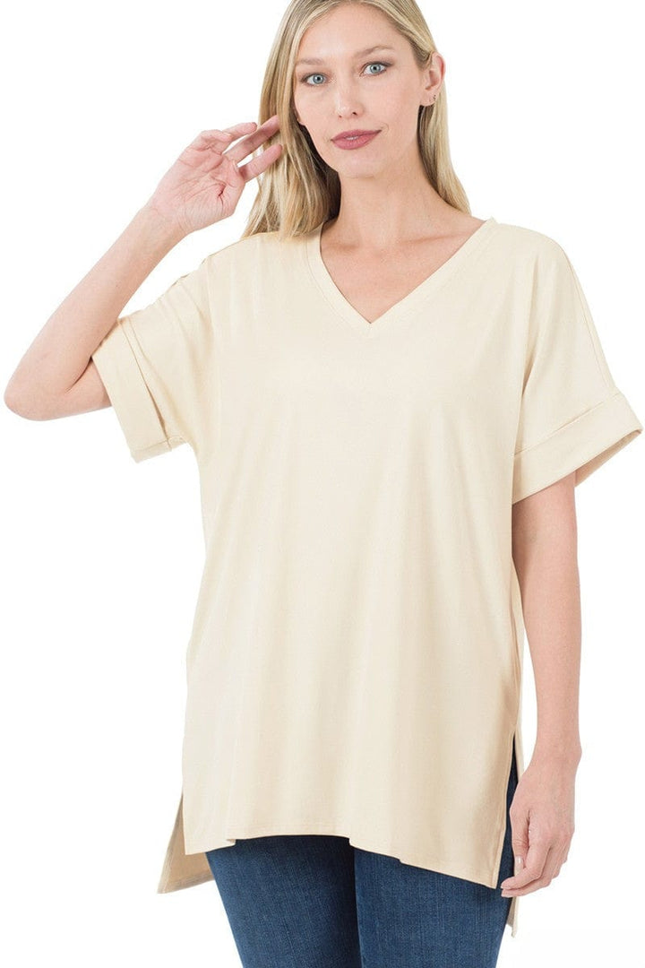 Zenana Brushed Rolled Short Sleeve V-Neck Top with Side Slits and High-Low Hemline