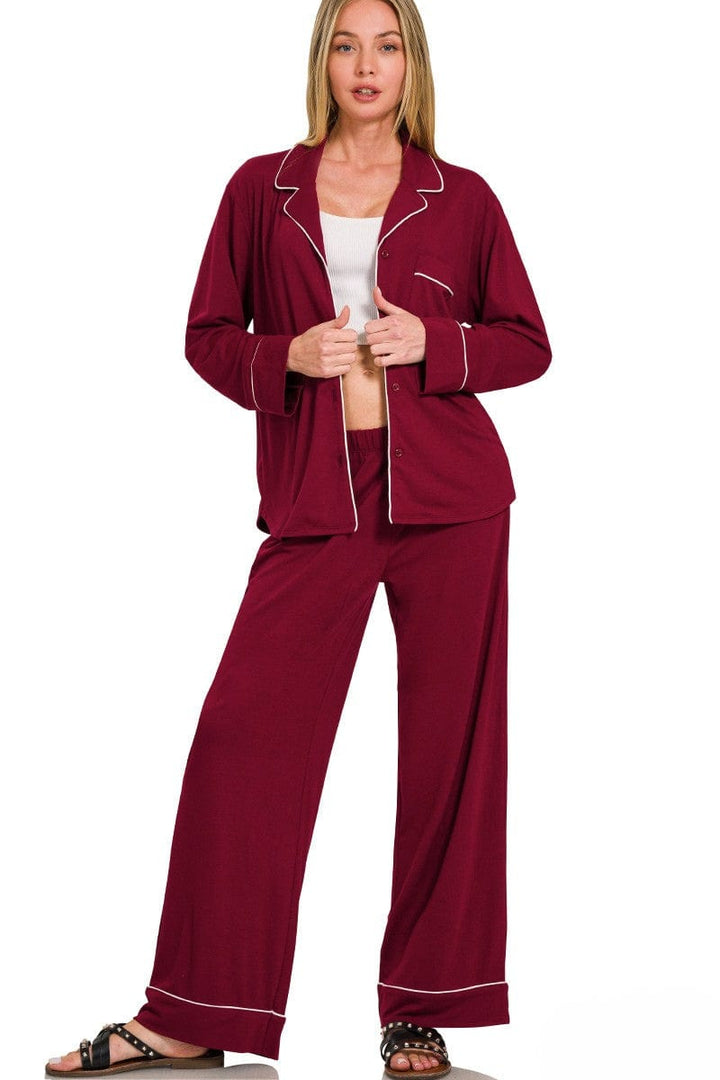 Zenana Button Down Long Sleeve Shirt and Pants Pajama Set