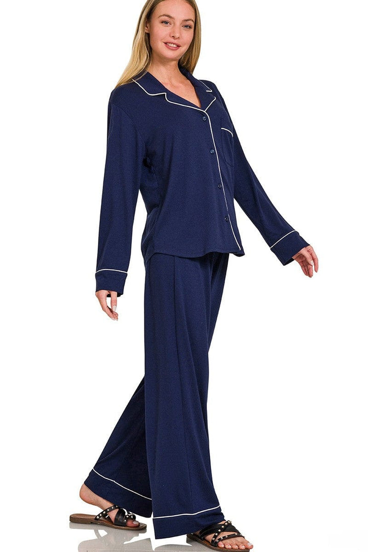 Zenana Button Down Long Sleeve Shirt and Pants Pajama Set