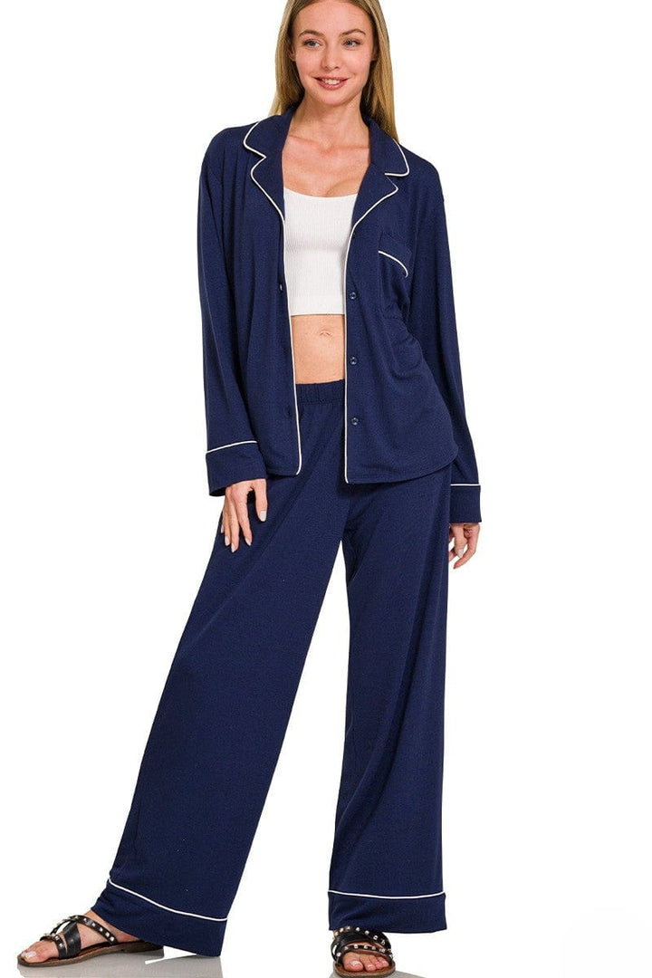 Zenana Button Down Long Sleeve Shirt and Pants Pajama Set