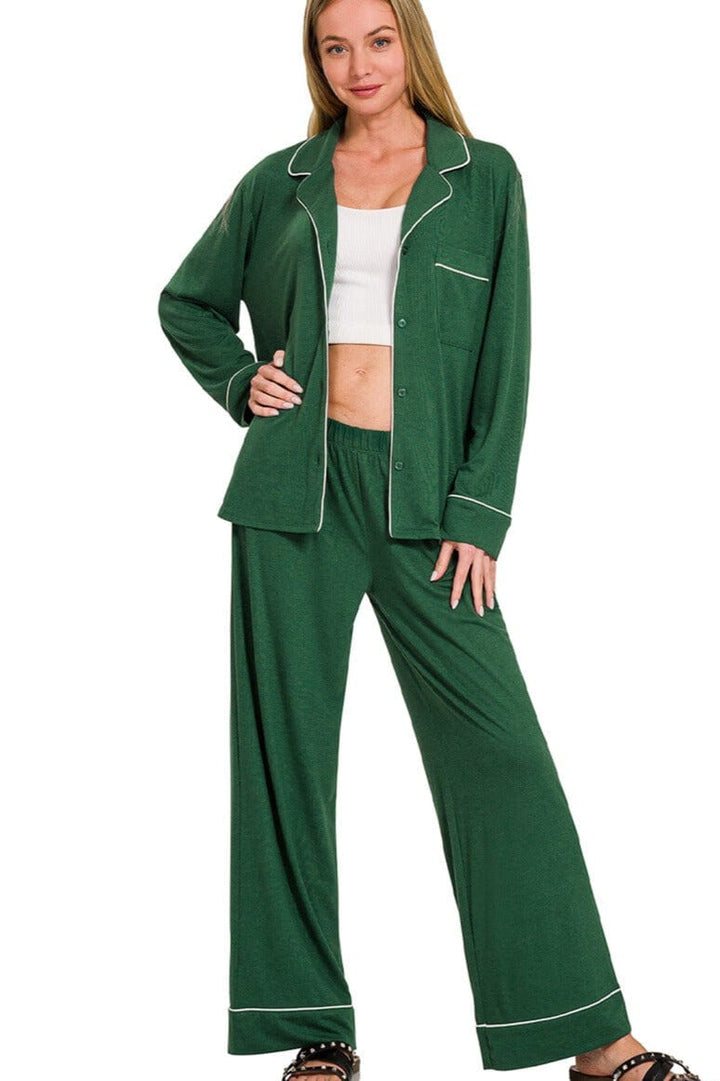 Zenana Button Down Long Sleeve Shirt and Pants Pajama Set