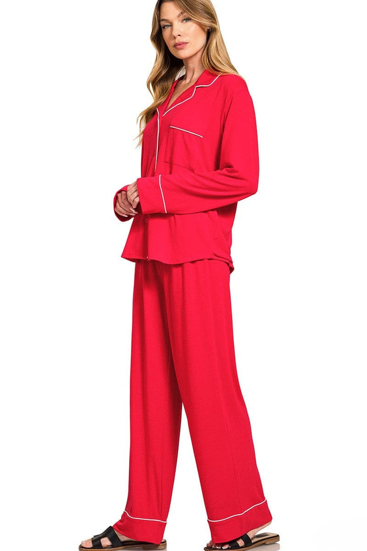 Zenana Button Down Long Sleeve Shirt and Pants Pajama Set