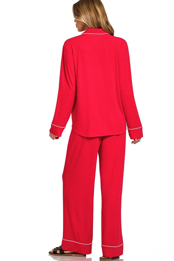 Zenana Button Down Long Sleeve Shirt and Pants Pajama Set