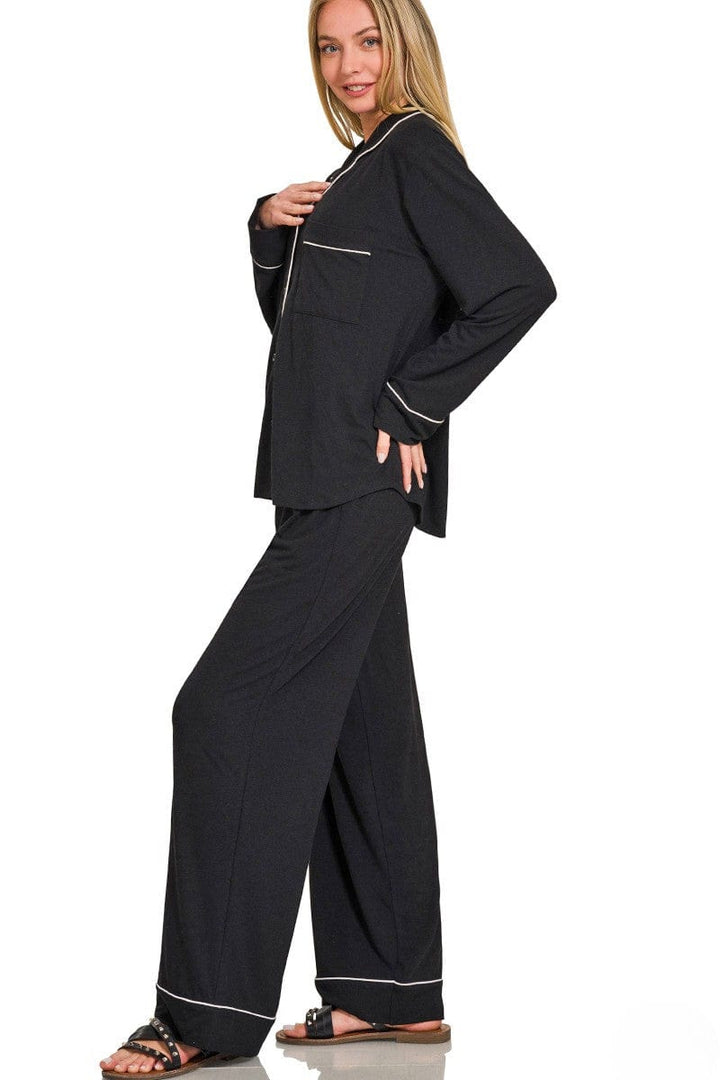 Zenana Button Down Long Sleeve Shirt and Pants Pajama Set