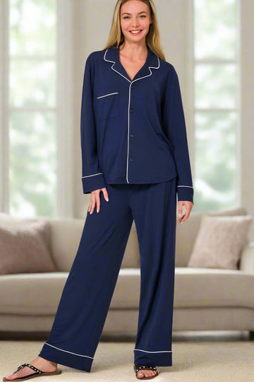 Zenana Button Down Long Sleeve Shirt and Pants Pajama Set