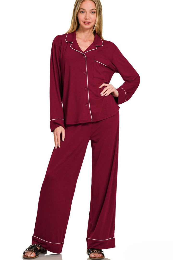 Zenana Button Down Long Sleeve Shirt and Pants Pajama Set