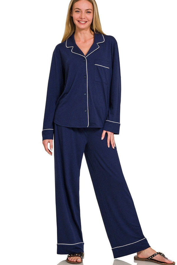 Zenana Button Down Long Sleeve Shirt and Pants Pajama Set
