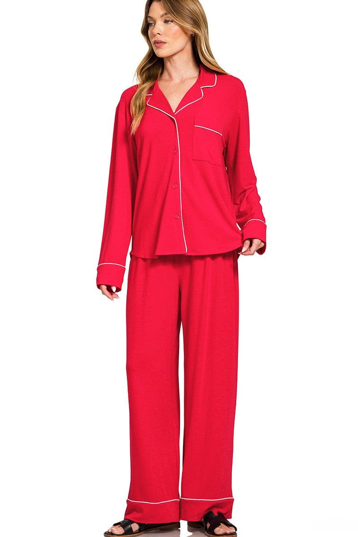Zenana Button Down Long Sleeve Shirt and Pants Pajama Set