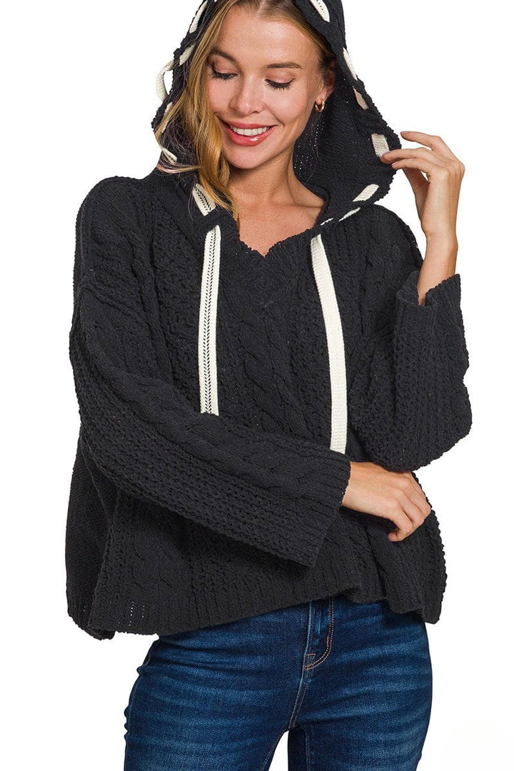 Zenana Cable Knit Drawstring V-Neck Hooded Sweater