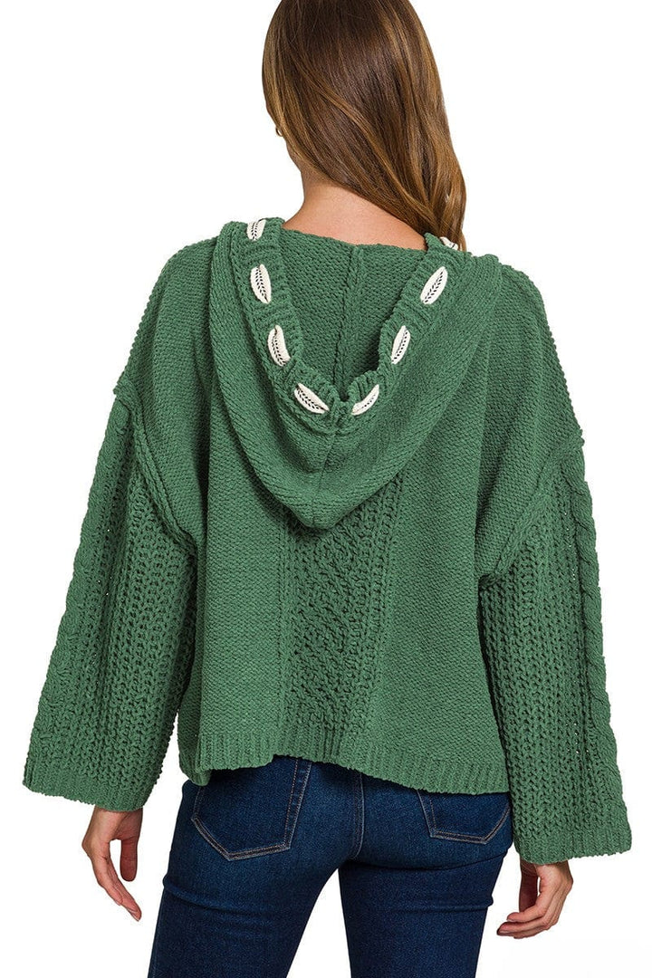 Zenana Cable Knit Drawstring V-Neck Hooded Sweater
