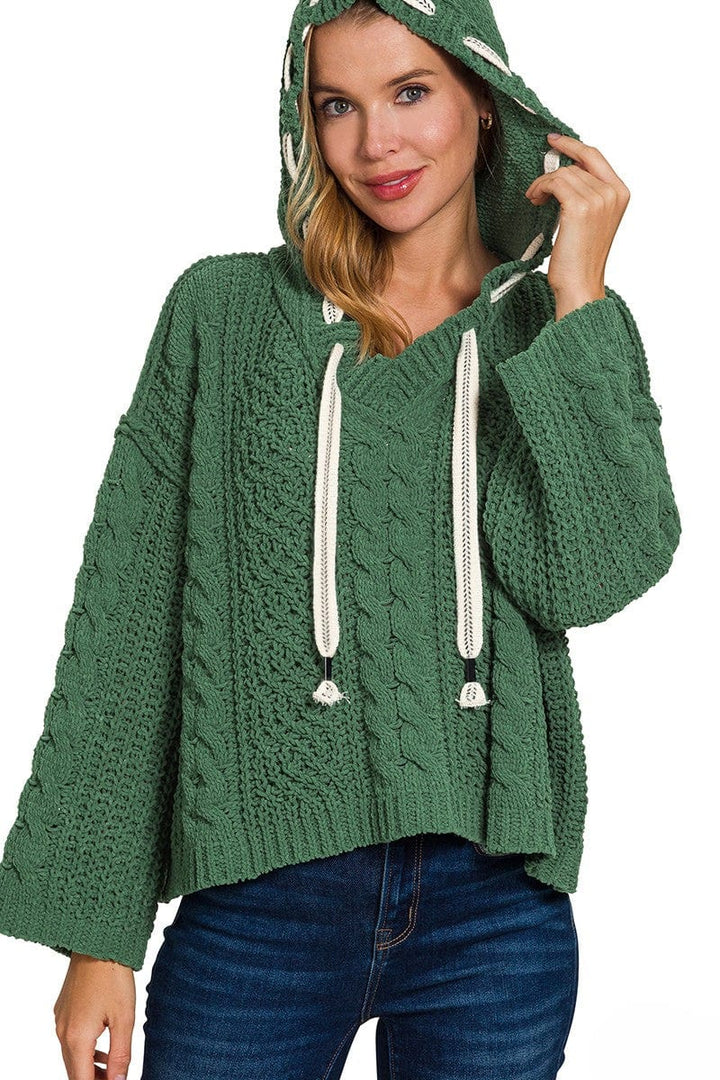 Zenana Cable Knit Drawstring V-Neck Hooded Sweater