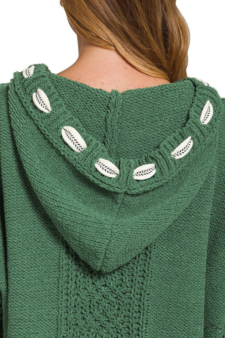 Zenana Cable Knit Drawstring V-Neck Hooded Sweater