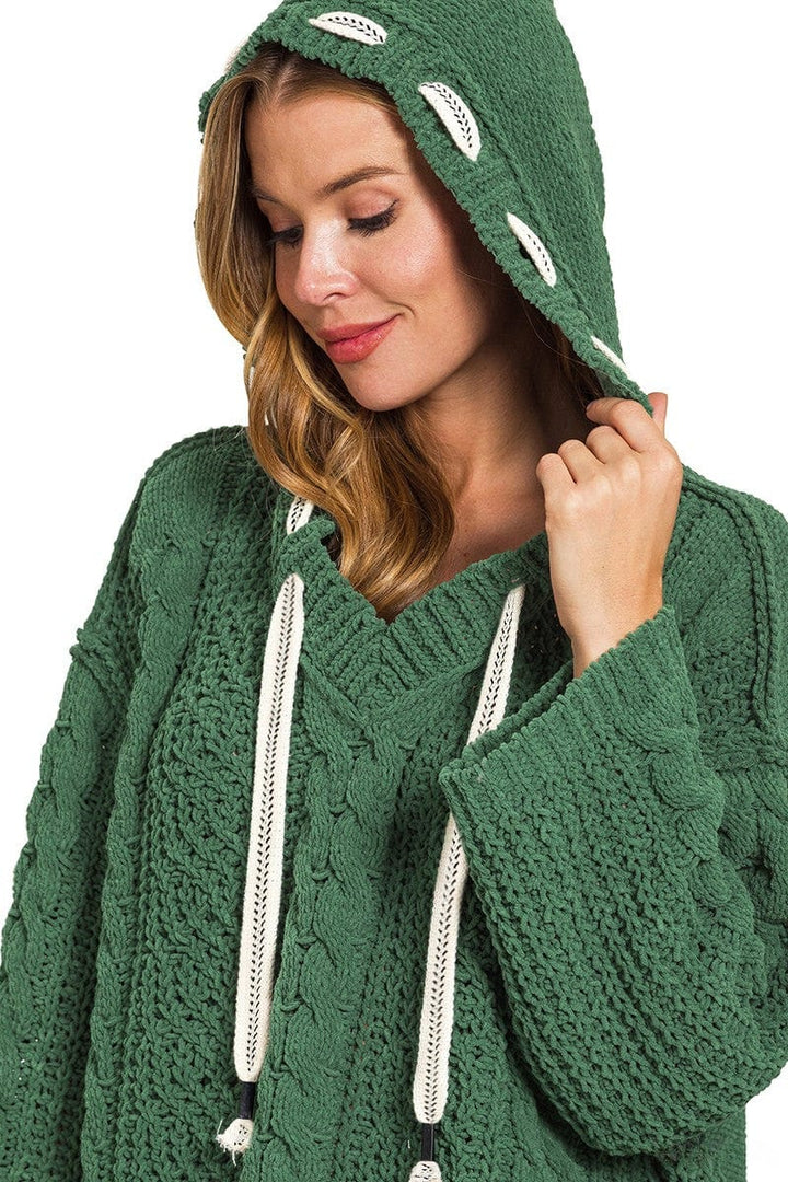 Zenana Cable Knit Drawstring V-Neck Hooded Sweater