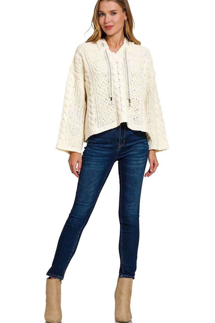 Zenana Cable Knit Drawstring V-Neck Hooded Sweater