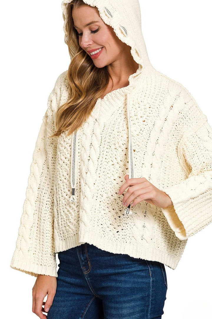 Zenana Cable Knit Drawstring V-Neck Hooded Sweater