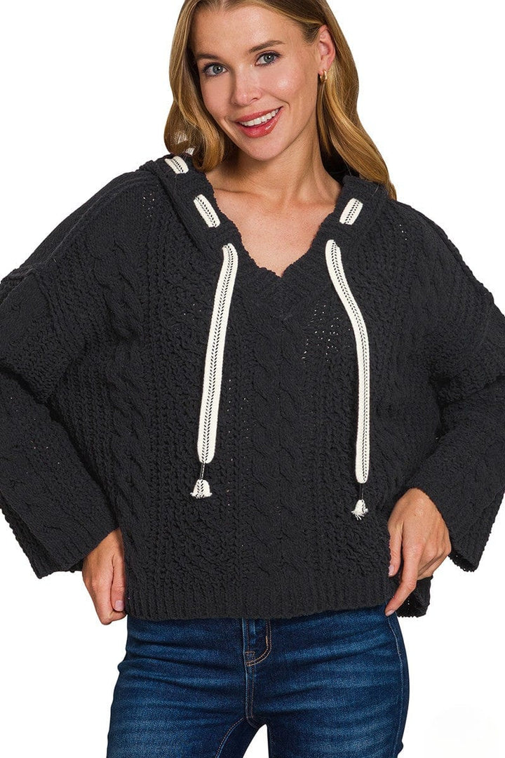 Zenana Cable Knit Drawstring V-Neck Hooded Sweater