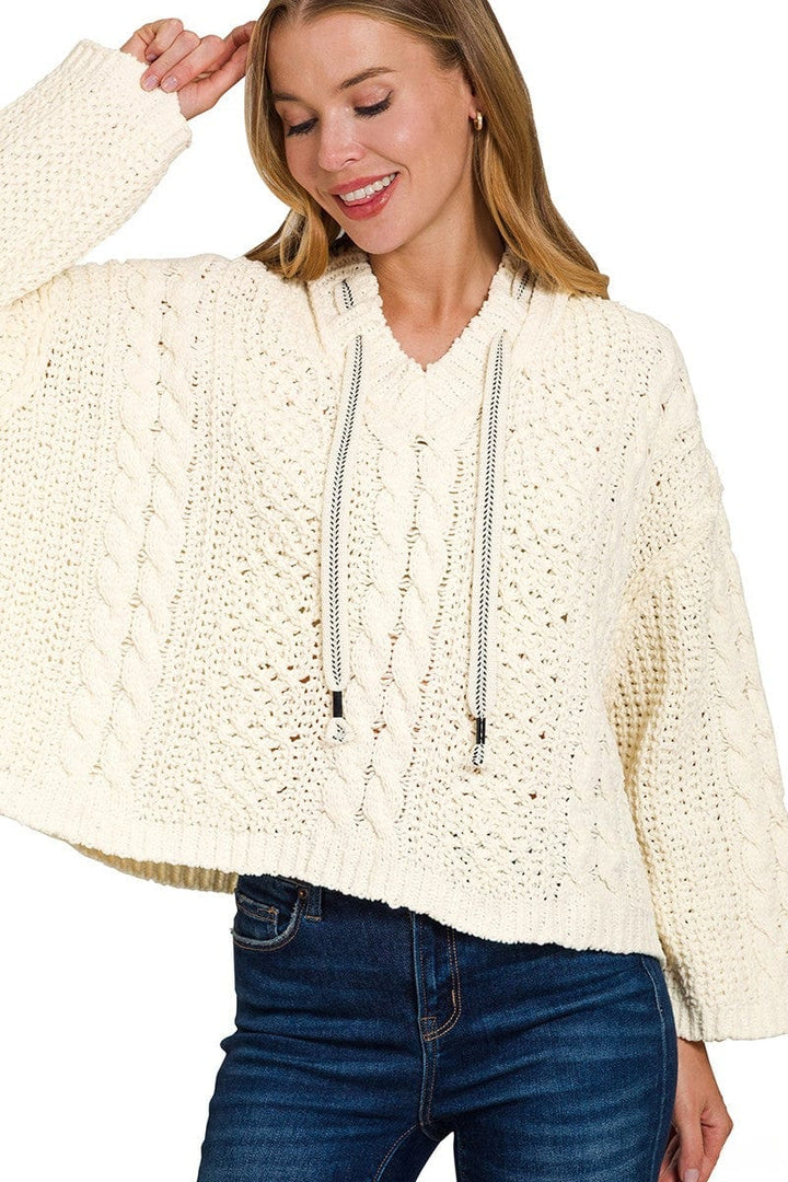 Zenana Cable Knit Drawstring V-Neck Hooded Sweater