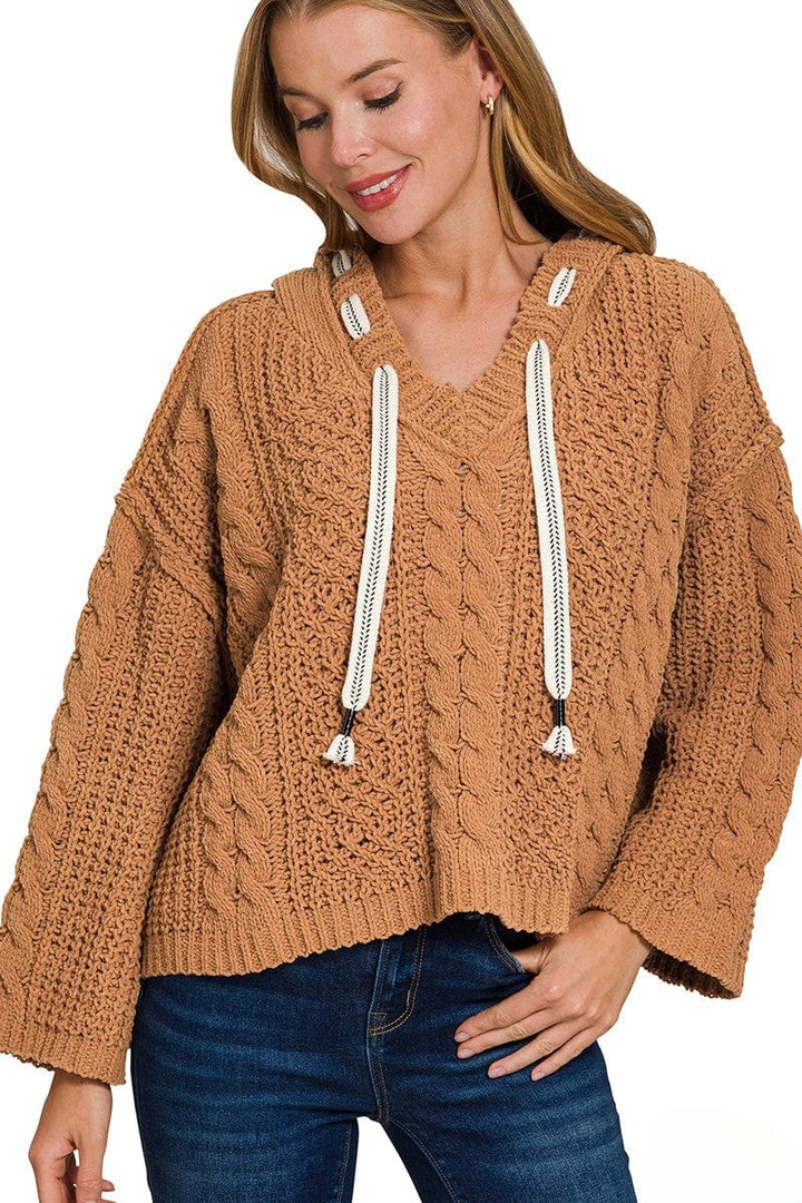Zenana Cable Knit Drawstring V-Neck Hooded Sweater