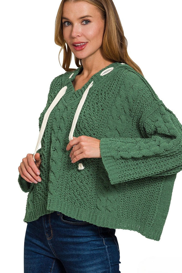 Zenana Cable Knit Drawstring V-Neck Hooded Sweater