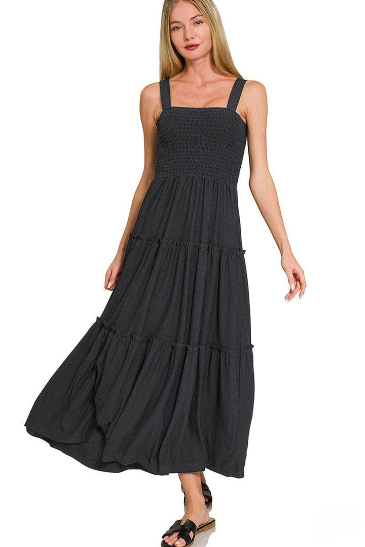 casual flowy dress UPPADA Women's Summer Maxi Dress Casual Boho Sleeveless Spaghetti Strap Smocked Tiered Long Beach Sundresses Bohemian A Line Flowy Dresses Off Shoulder Smocked Lace Trim Dress Brown,XL