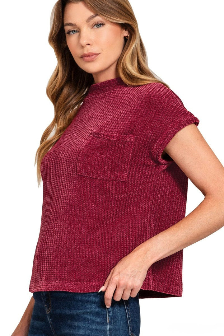 Zenana Chenille Waffle Knit Short Sleeve Front Pocket Sweater