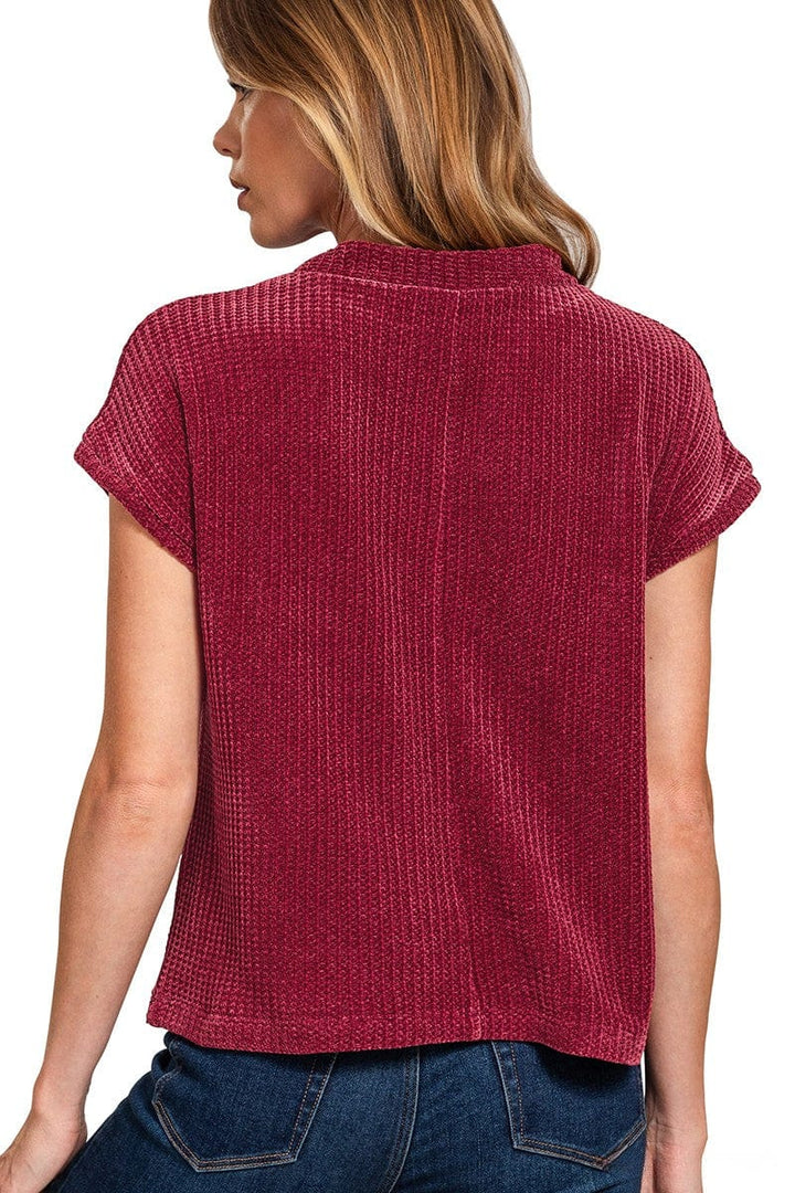 Zenana Chenille Waffle Knit Short Sleeve Front Pocket Sweater