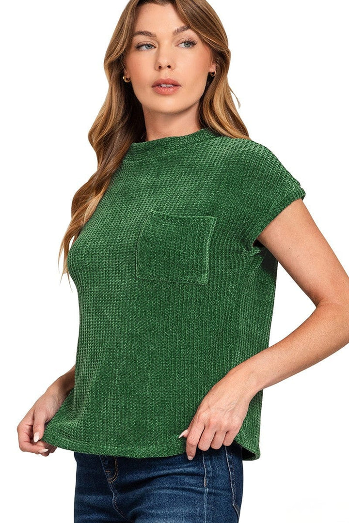 Zenana Chenille Waffle Knit Short Sleeve Front Pocket Sweater