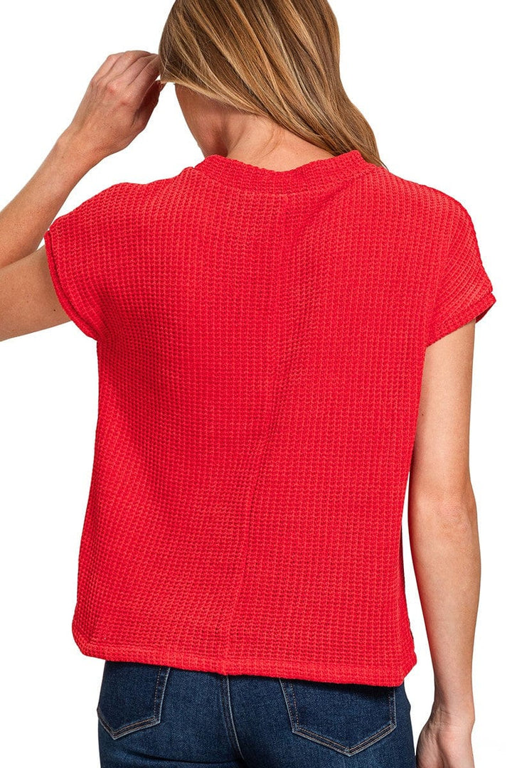 Zenana Chenille Waffle Knit Short Sleeve Front Pocket Sweater